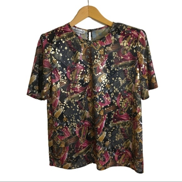 Vintage 80’s Abstract Top Shirt Gold Sheen Black Berry Woman’s 6 Fundamental - Picture 3 of 15
